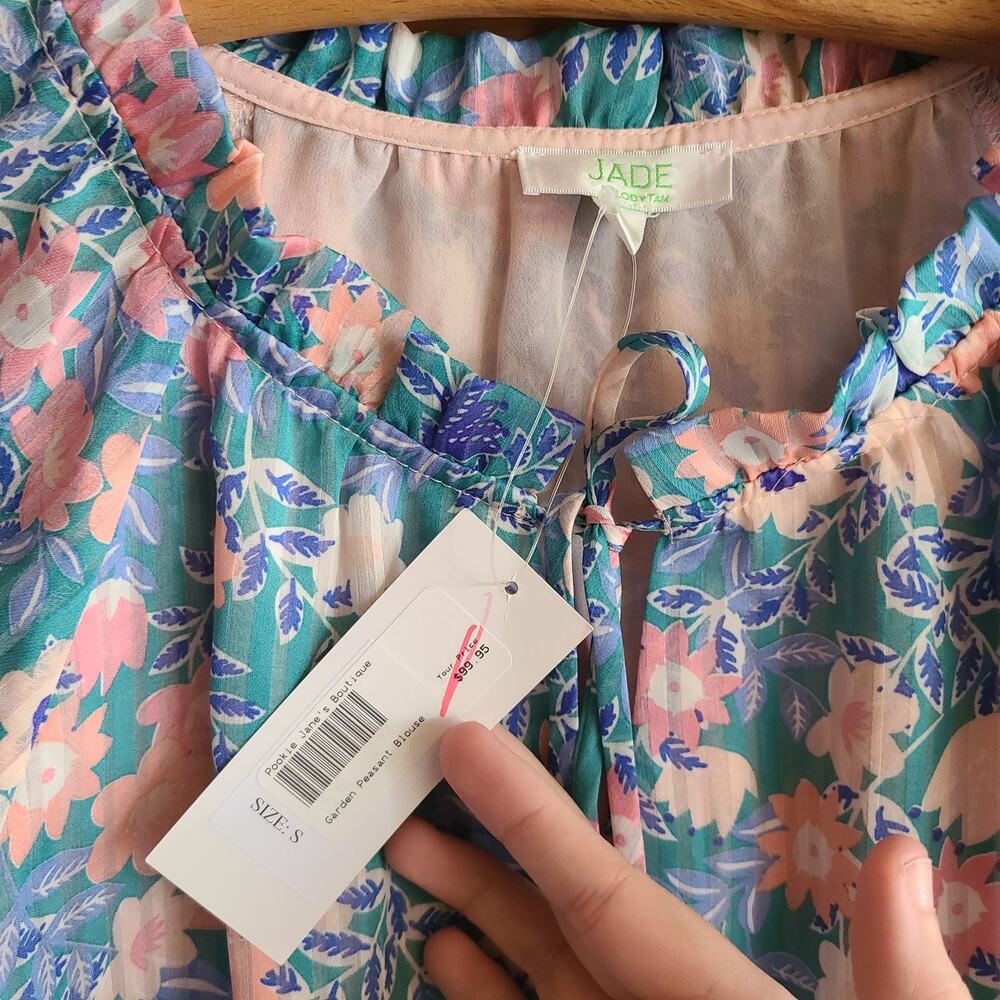 Jade Melody Tam Floral Top Blouse NWT S Tie Neck Garden Cottagecore Preppy Shirt - Picture 3 of 4